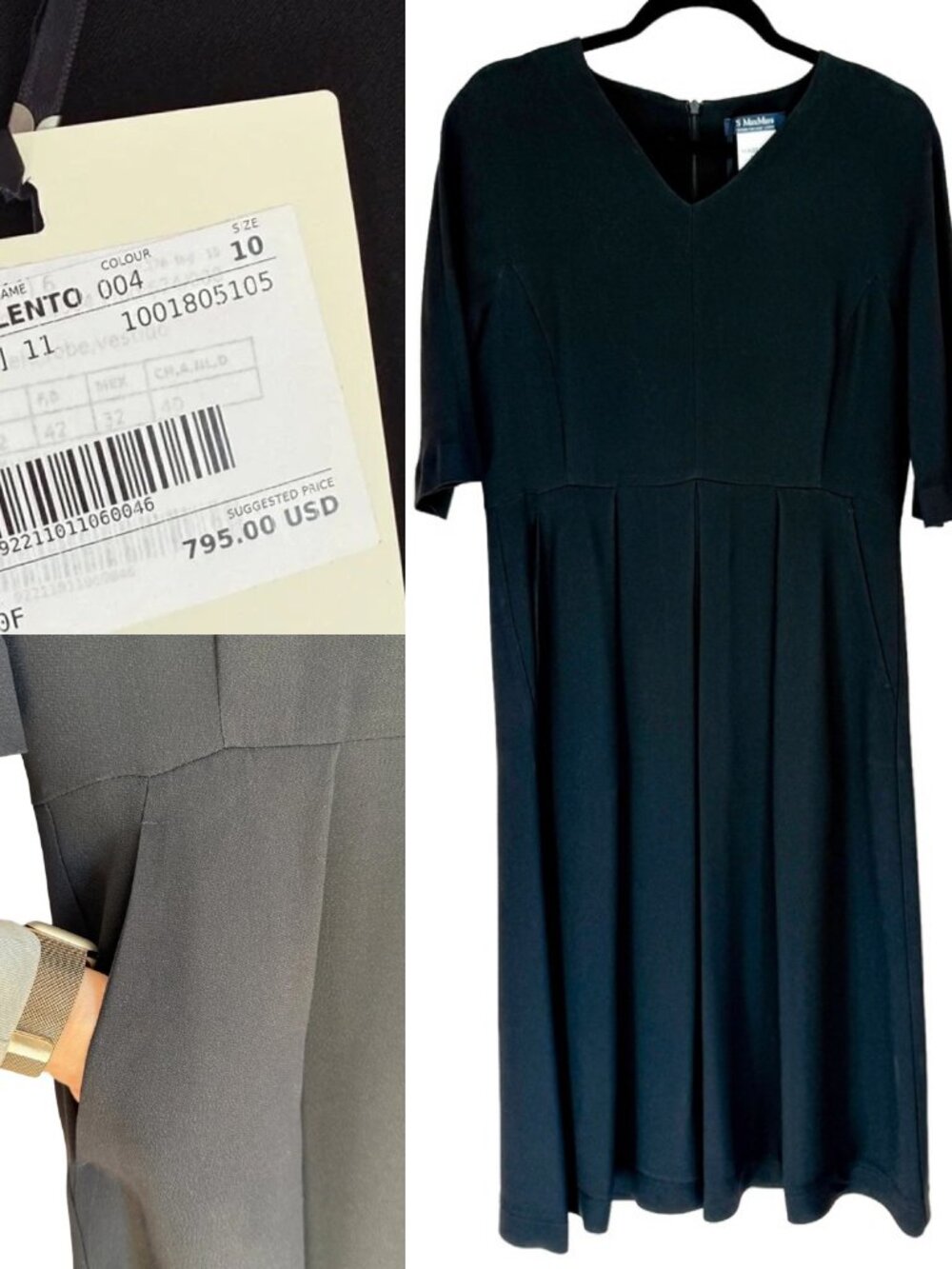 NWT MaxMara Black Talento V-Neck Pleated Short-Sleeve Midi Dress with Pockets